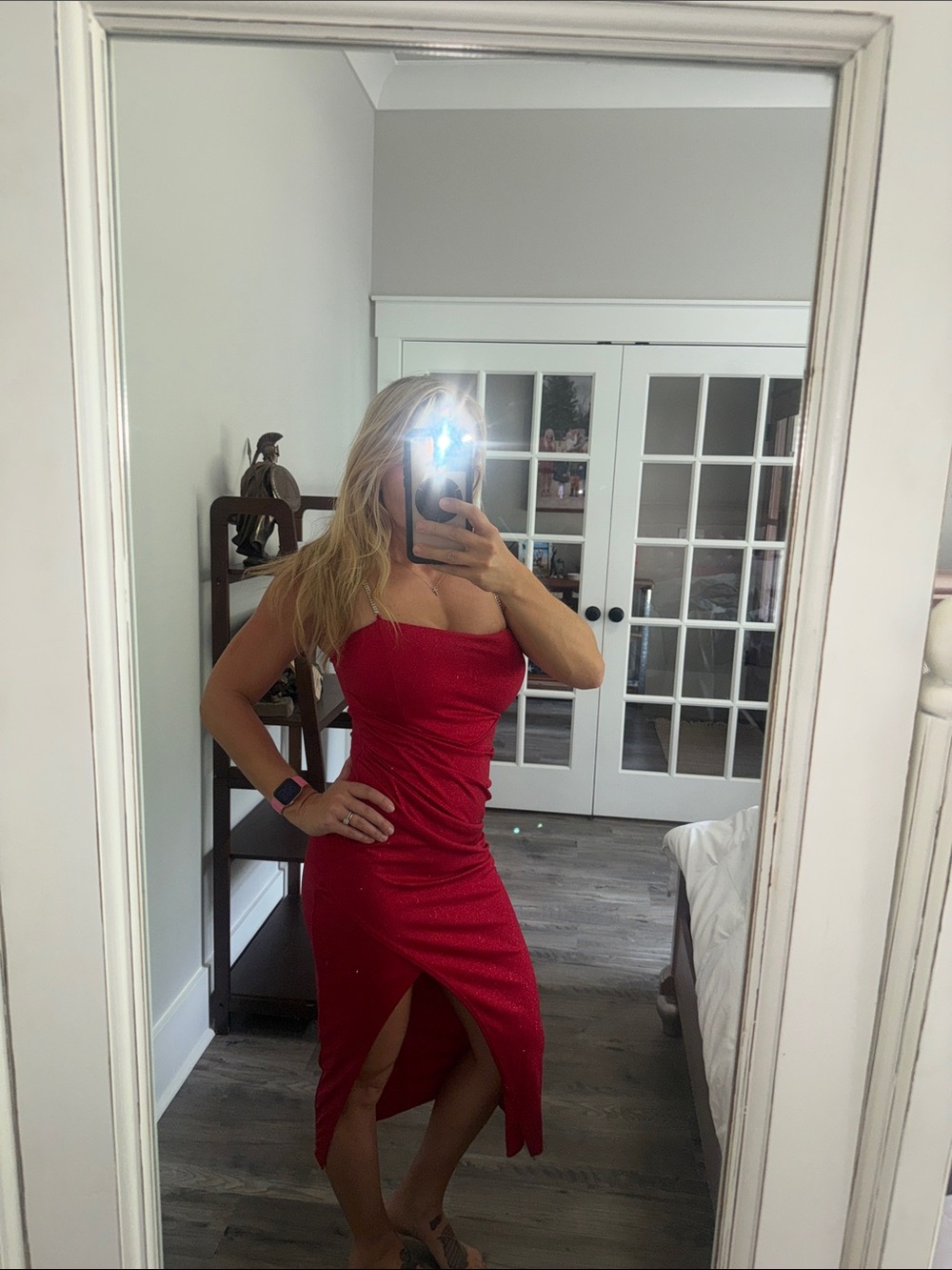 Strapless Red Midi Dress with Front Slit